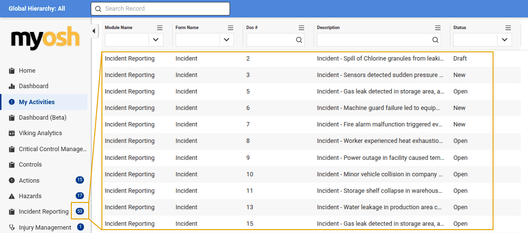 My Activities List